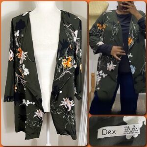 DEX Olive Green & Orange Floral Lightweight Kimono Jacket - 0X